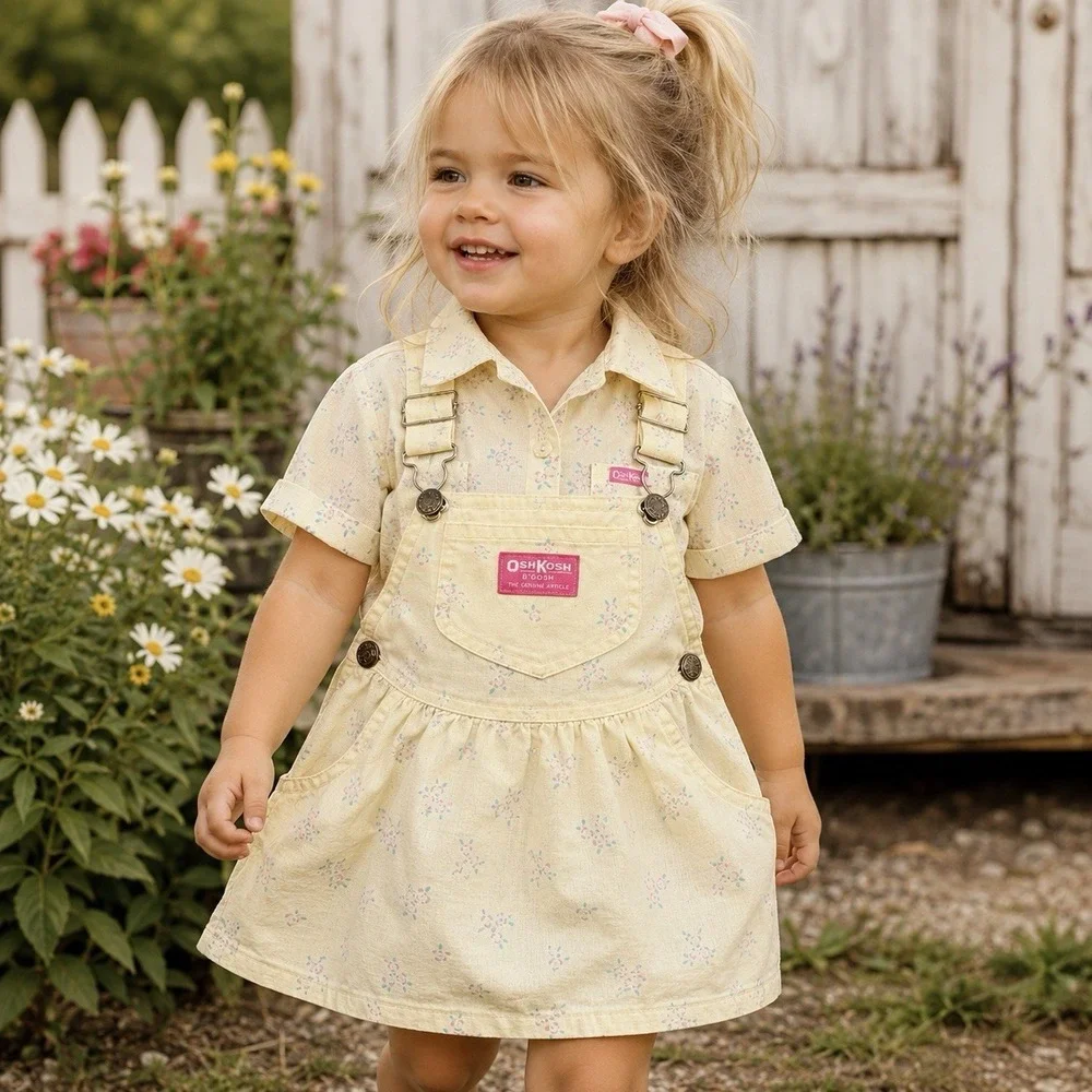 Vintage OshKosh B'Gosh Skirtall Overall Dress 3T Floral USA Matching‎ Set 90s